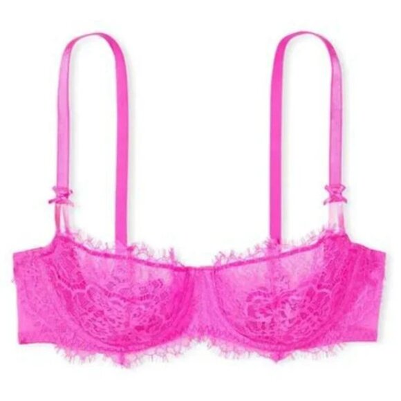Victoria's Secret Neon Pink Unlined Wicked Bra with Eyelash Lace 32DD New - Picture 1 of 4